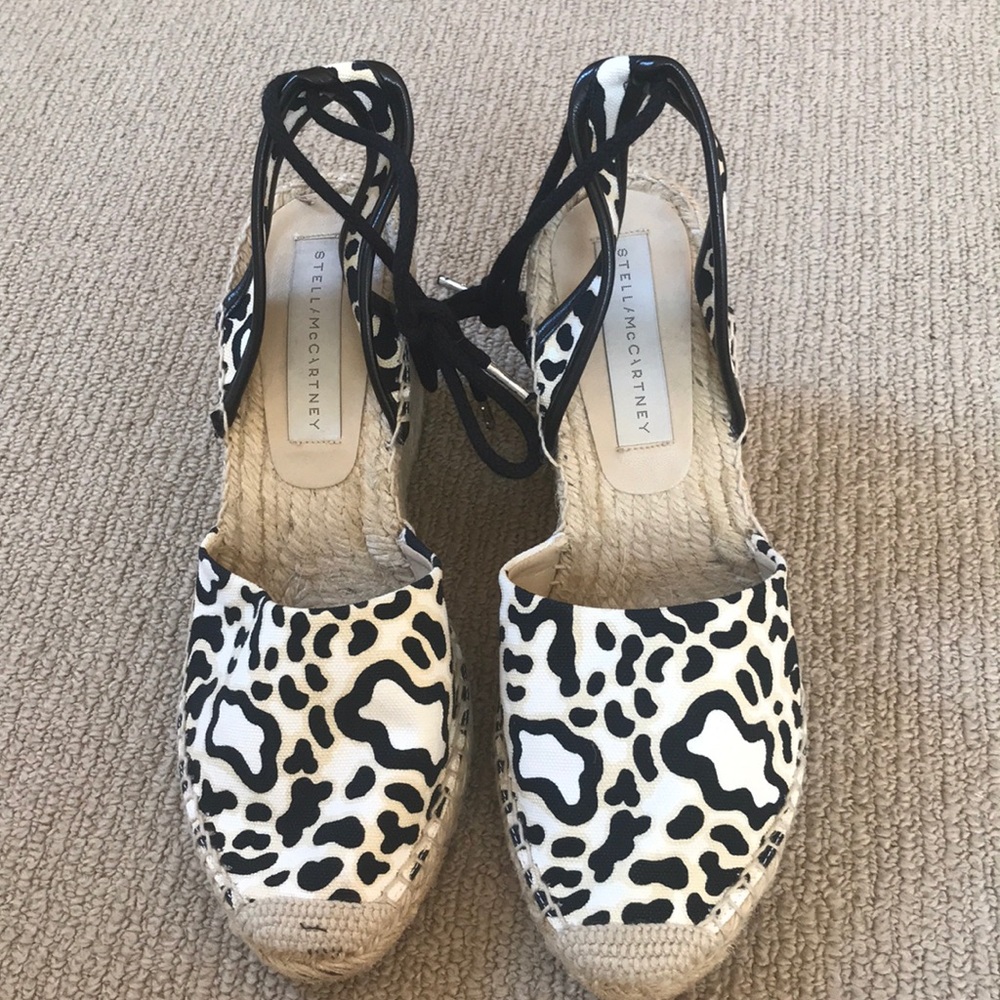 Stella McCartney Black and White Leopard Print Espadrille Wedge Sandals